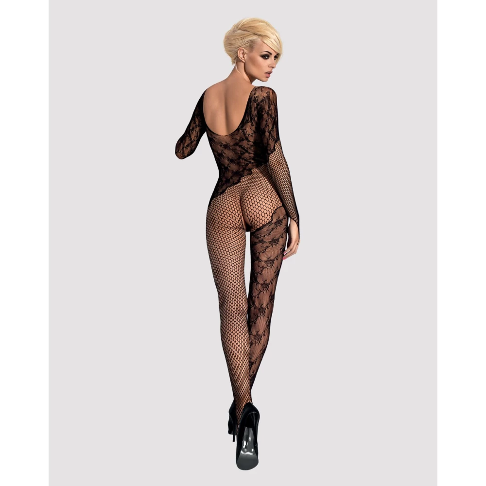 Бодистокинг Obsessive Bodystocking F210 S/M/L black, рукава-митенки, сетка, цветное кружево