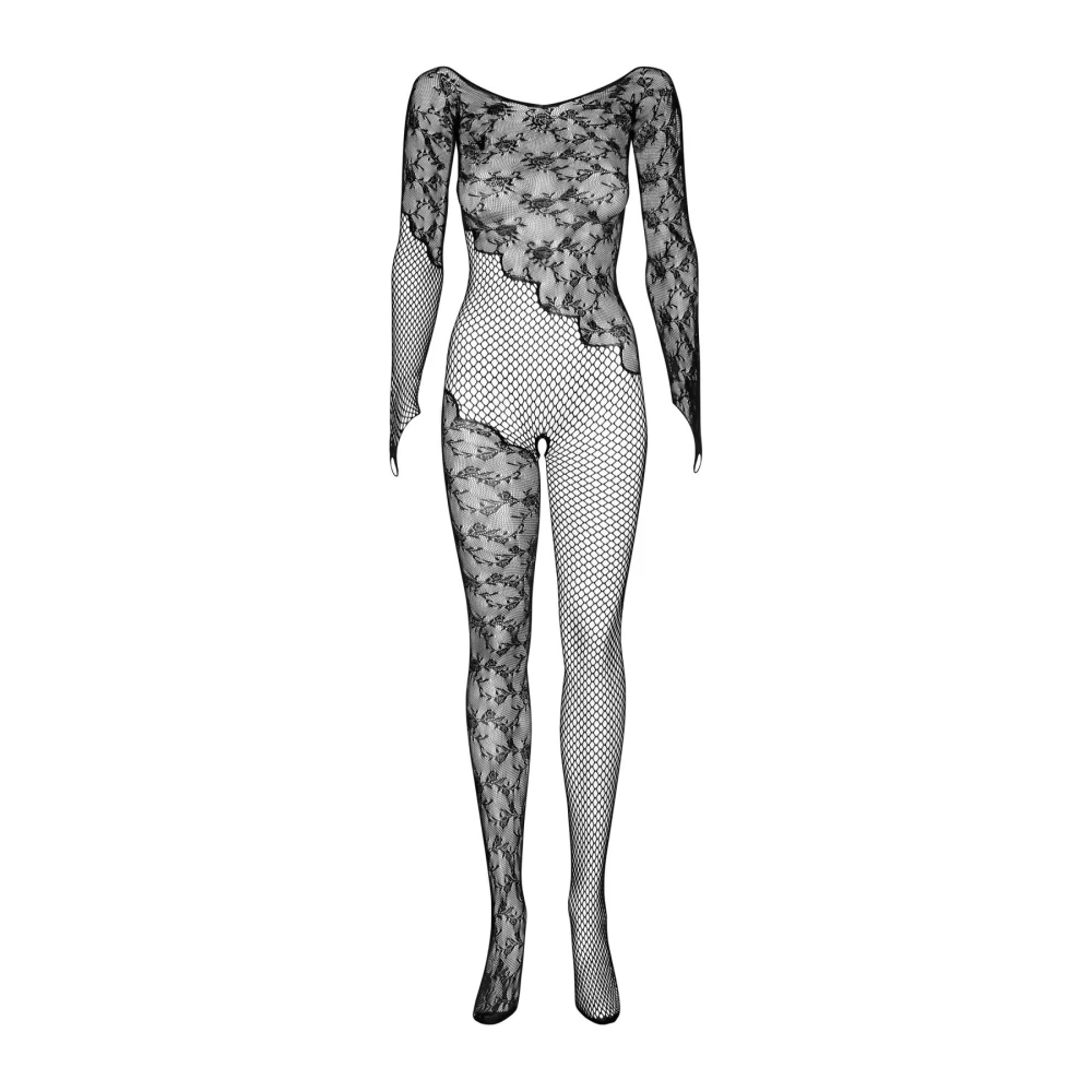 Бодистокинг Obsessive Bodystocking F210 S/M/L black, рукава-митенки, сетка, цветное кружево