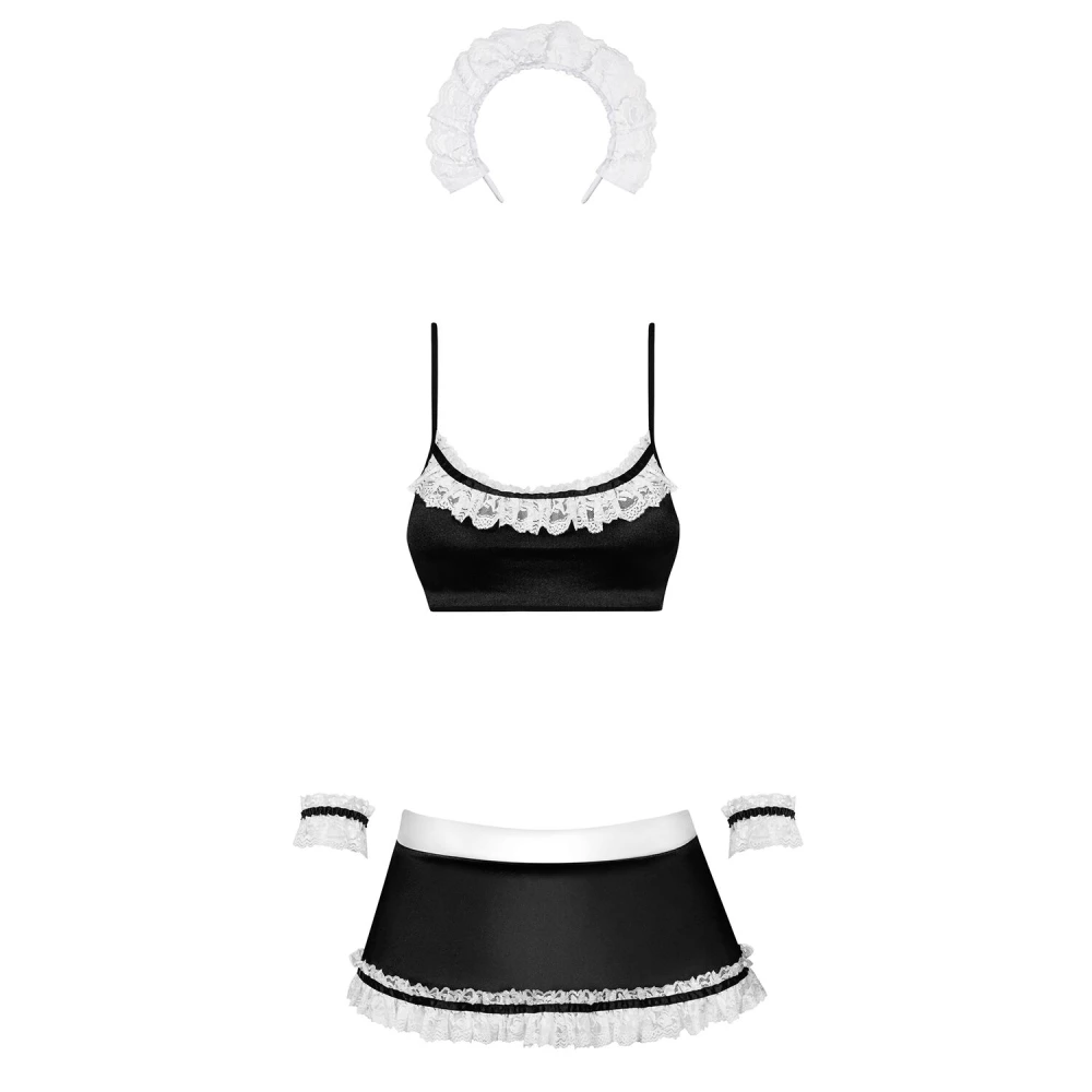 Атласный эротический костюм горничной Obsessive Maid set S/M, black, топ, юбка, стринги, манжеты, о