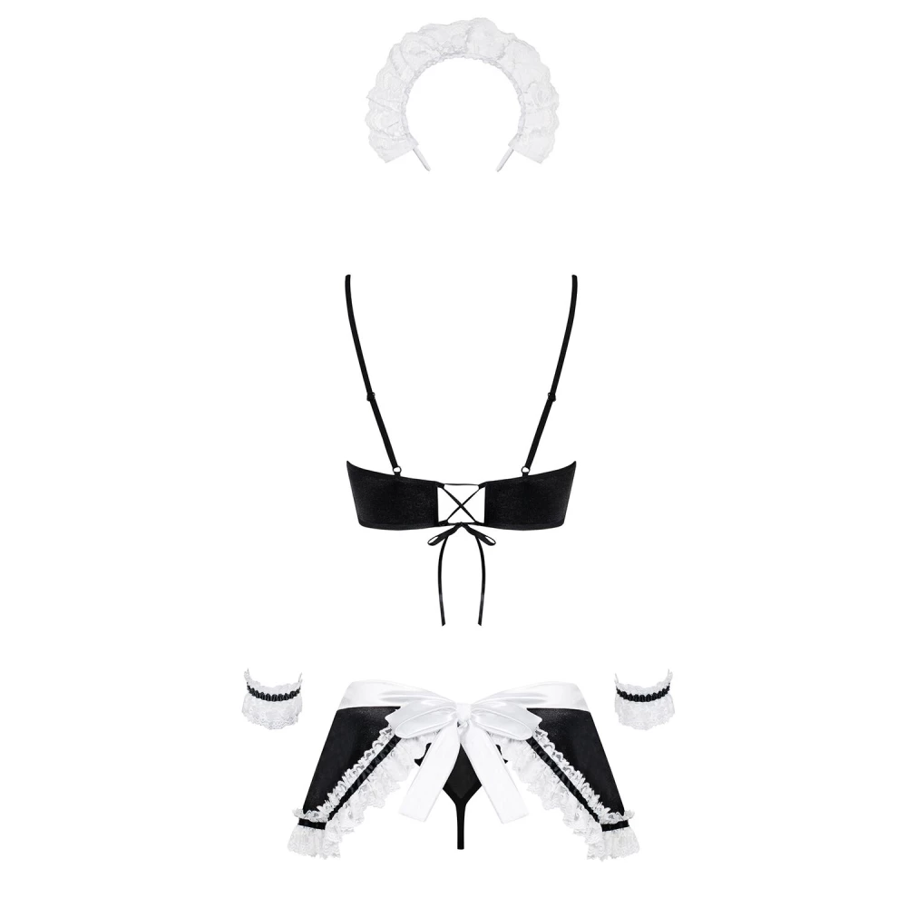 Атласний еротичний костюм покоївки Obsessive Maid set S/M, black, топ, спідниця, стринги, манжети, о