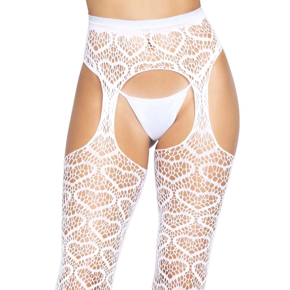 Ажурные колготки с сердечками Leg Avenue Heart White, one size, имитация чулок