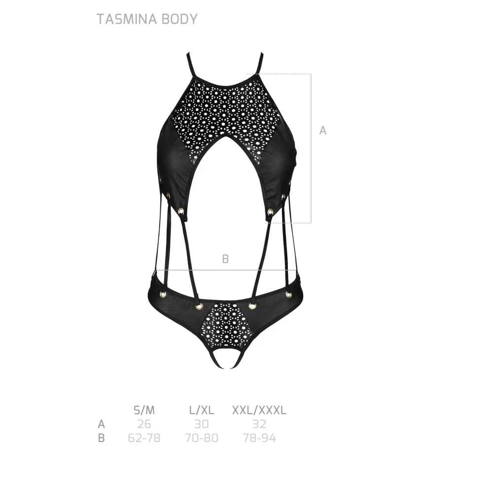 Боди с открытым доступом Passion TASMINA BODY XXL/XXXL, black, экокожа, шнуровки, ажурные кружева