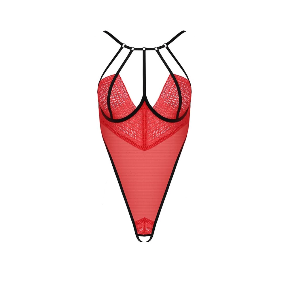 Боди с высоким вырезом бедра AKITA BODY red S/M - Passion Exclusive