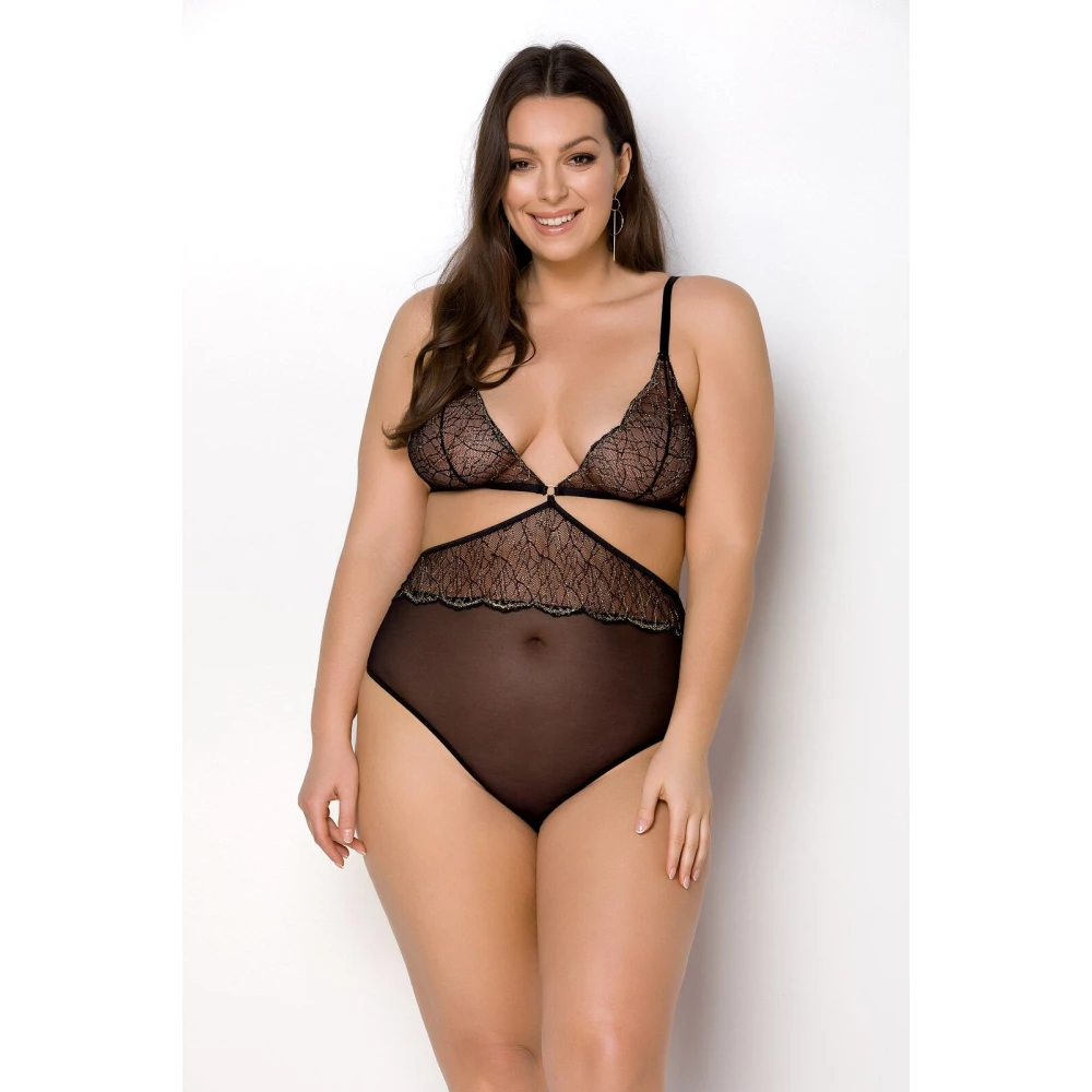 Боди Passion Amberly Body 4XL/5XL black, асимметричный крой, кружевной лиф, золотая нить