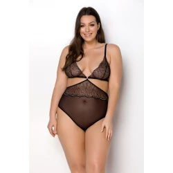 Боди Passion Amberly Body 6XL/7XL black, асимметричный крой, кружевной лиф, золотая нить