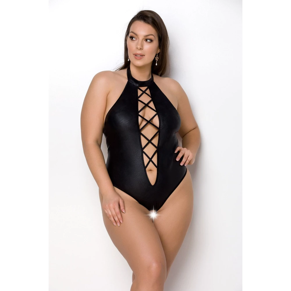 Боді з екошкіри Passion Nancy Body 4XL/5XL black, з імітацією шнурівки та відкритим доступом