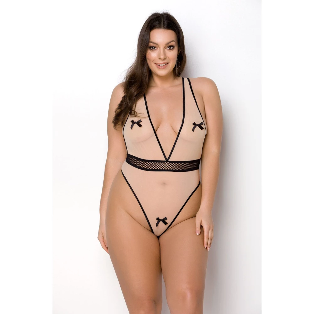 Боди Passion Viena Body 6XL/7XL beige, контрастное, бантики, вставка-сетка, открытые ягодицы