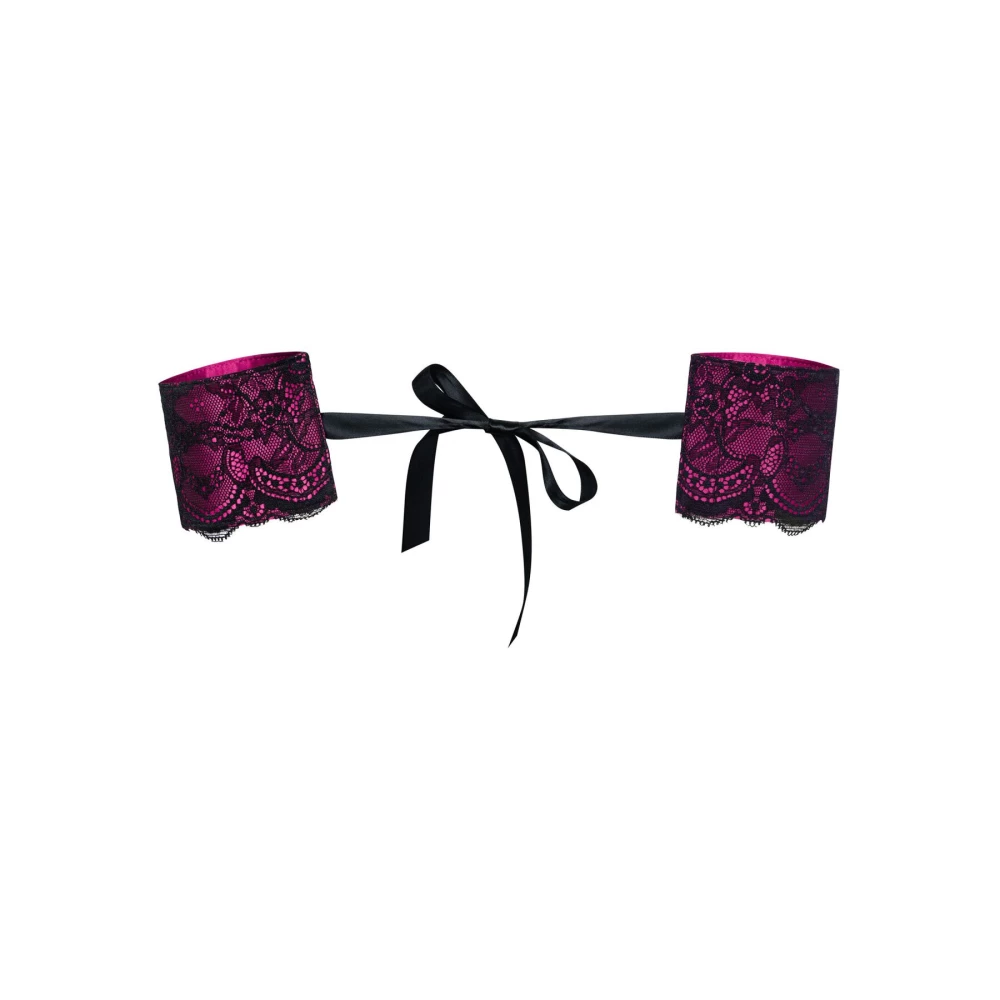 Атласные наручники-манжеты на лентах Obsessive Roseberry cuffs, pink, украшенные кружевом.