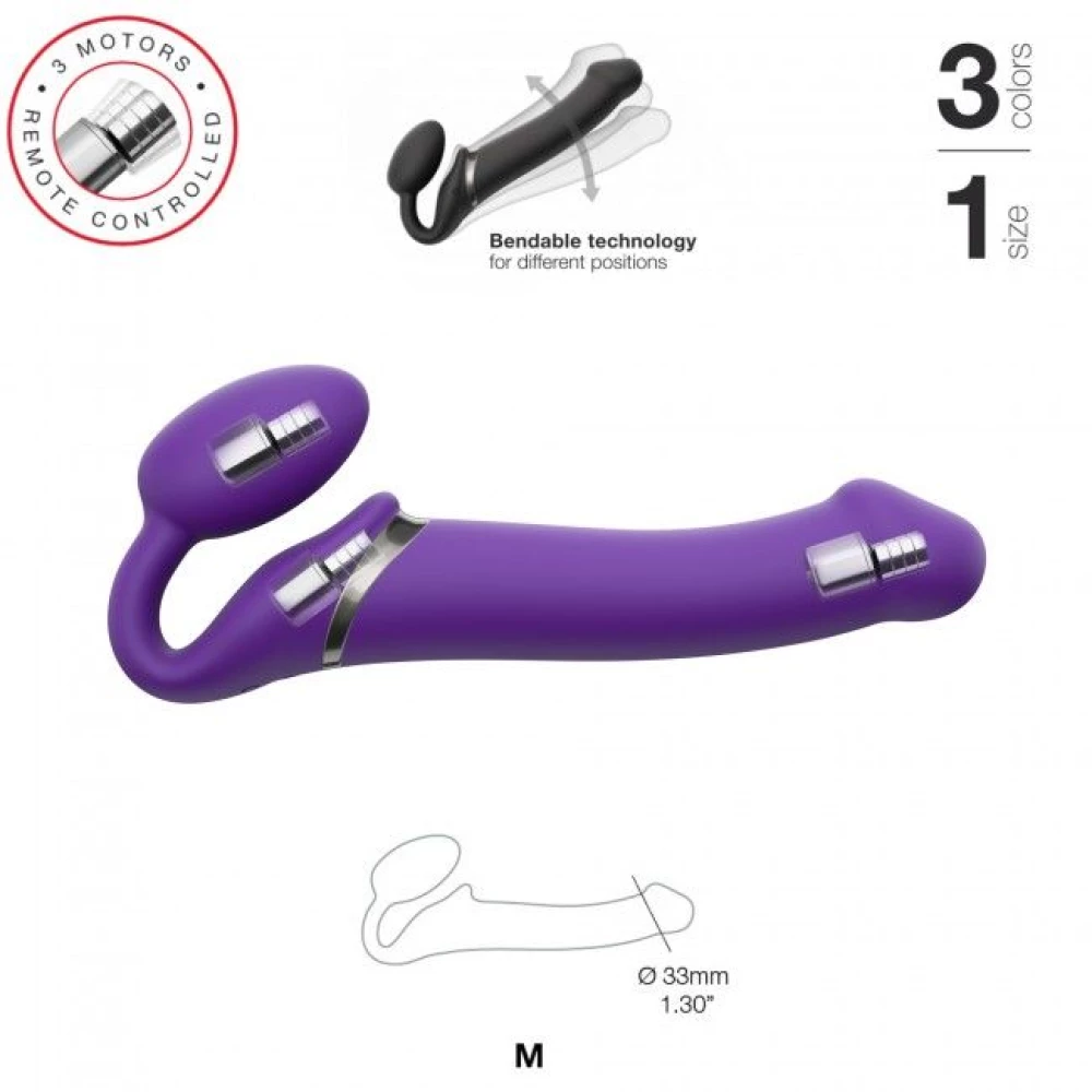 Безременный страпон с вибрацией Strap-On-Me Vibrating Violet M, диаметр 3,3 см, пульт ДУ, регулируемый