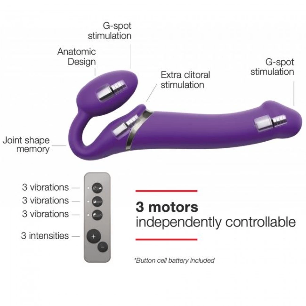 Безременный страпон с вибрацией Strap-On-Me Vibrating Violet M, диаметр 3,3 см, пульт ДУ, регулируемый