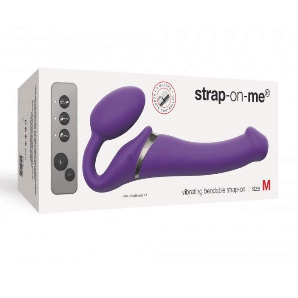 Безременный страпон с вибрацией Strap-On-Me Vibrating Violet M, диаметр 3,3 см, пульт ДУ, регулируемый