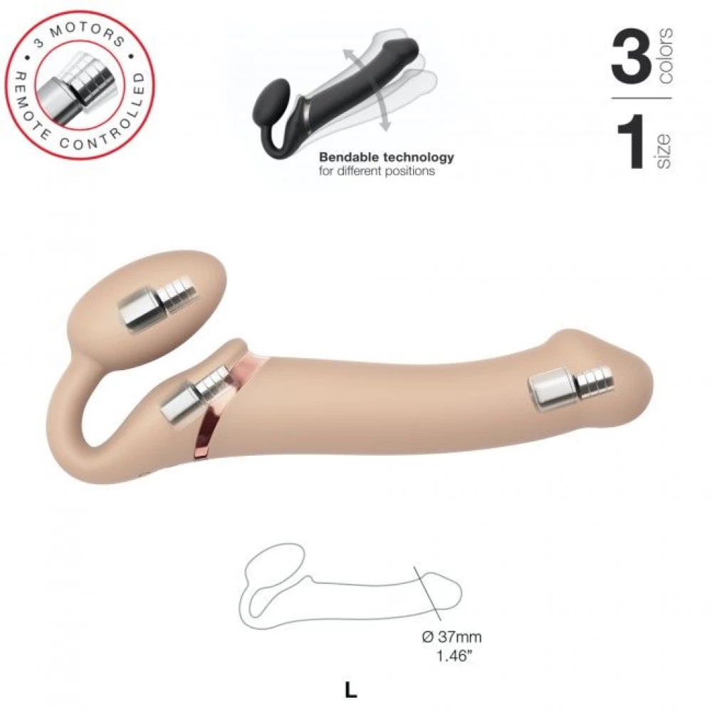 Безременный страпон с вибрацией Strap-On-Me Vibrating Flesh L, диаметр 3,7 см, пульт ДУ, регулируемый.