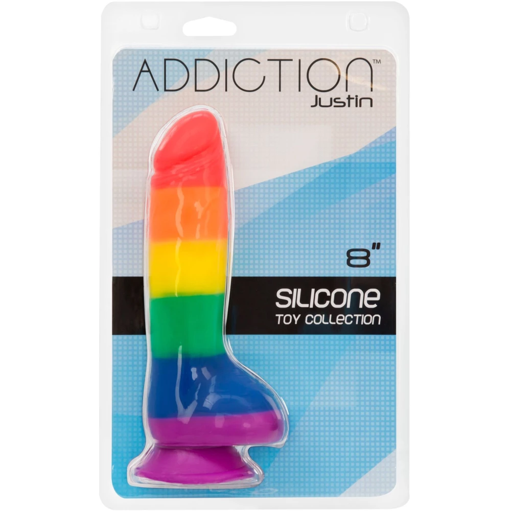 Радужный фаллоимитатор ADDICTION - JUSTIN - 8” - RAINBOW, 20,3 см, силикон, вибропуля в подарок