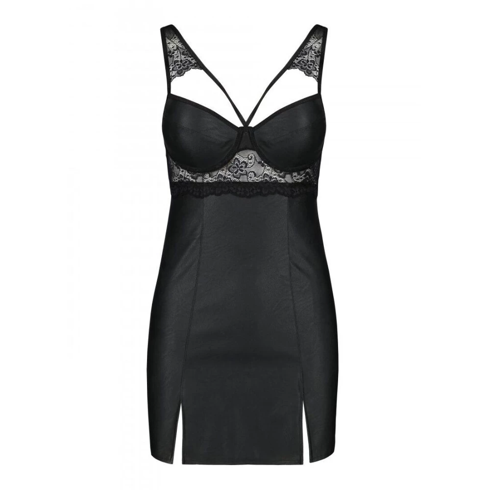 Беби-долл из эко-кожи и кружева Loona Chemise black S/M - Passion