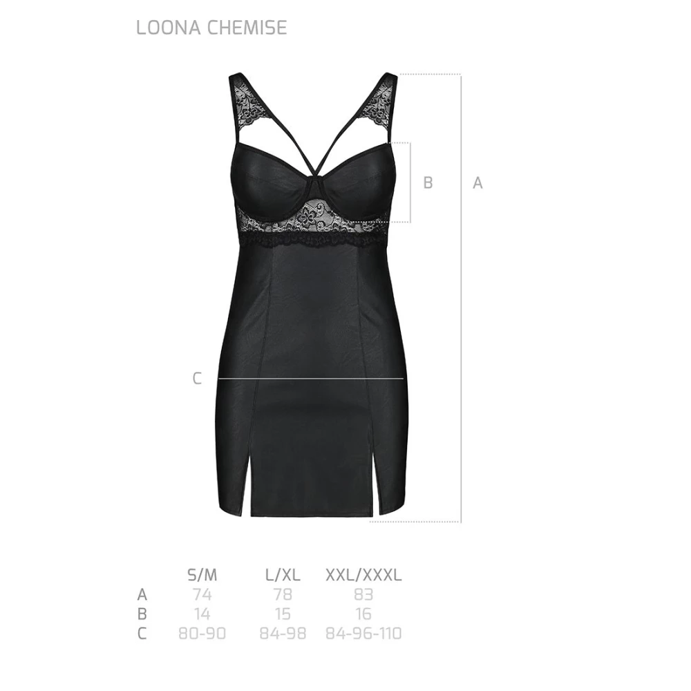 Беби-долл из эко-кожи и кружева Loona Chemise black S/M - Passion